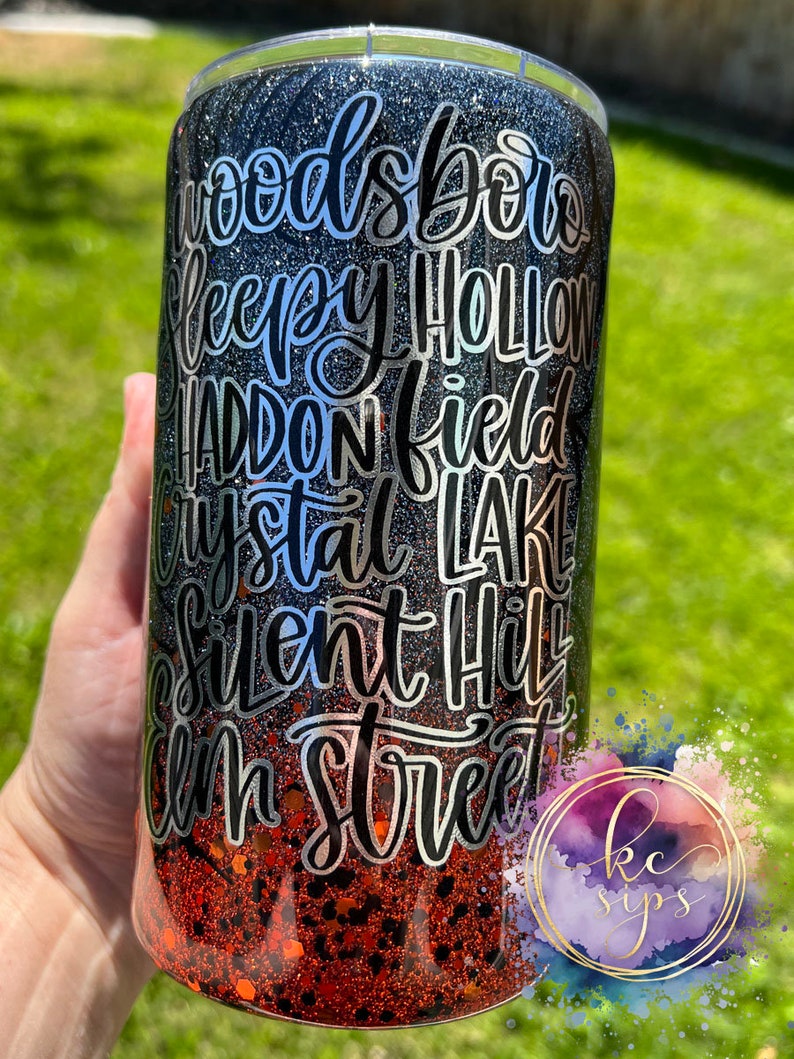 Haddonfield Lettering Halloween Horror Town Stubby Tumbler| Glitter Tumbler | Personalized ...