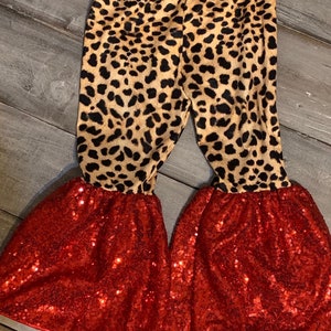 leopard print with red sequined bell bottom pants