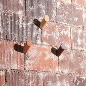 May include: Three wooden hooks mounted on a brick wall. The hooks are different colors: light brown, dark brown, and natural wood.