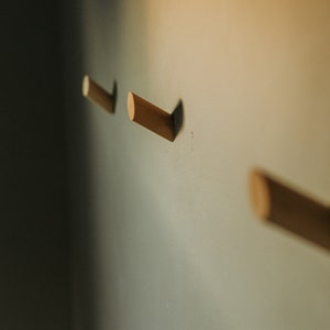 May include: Three wooden wall hooks mounted on a light green wall. The hooks are cylindrical and are arranged in a row.