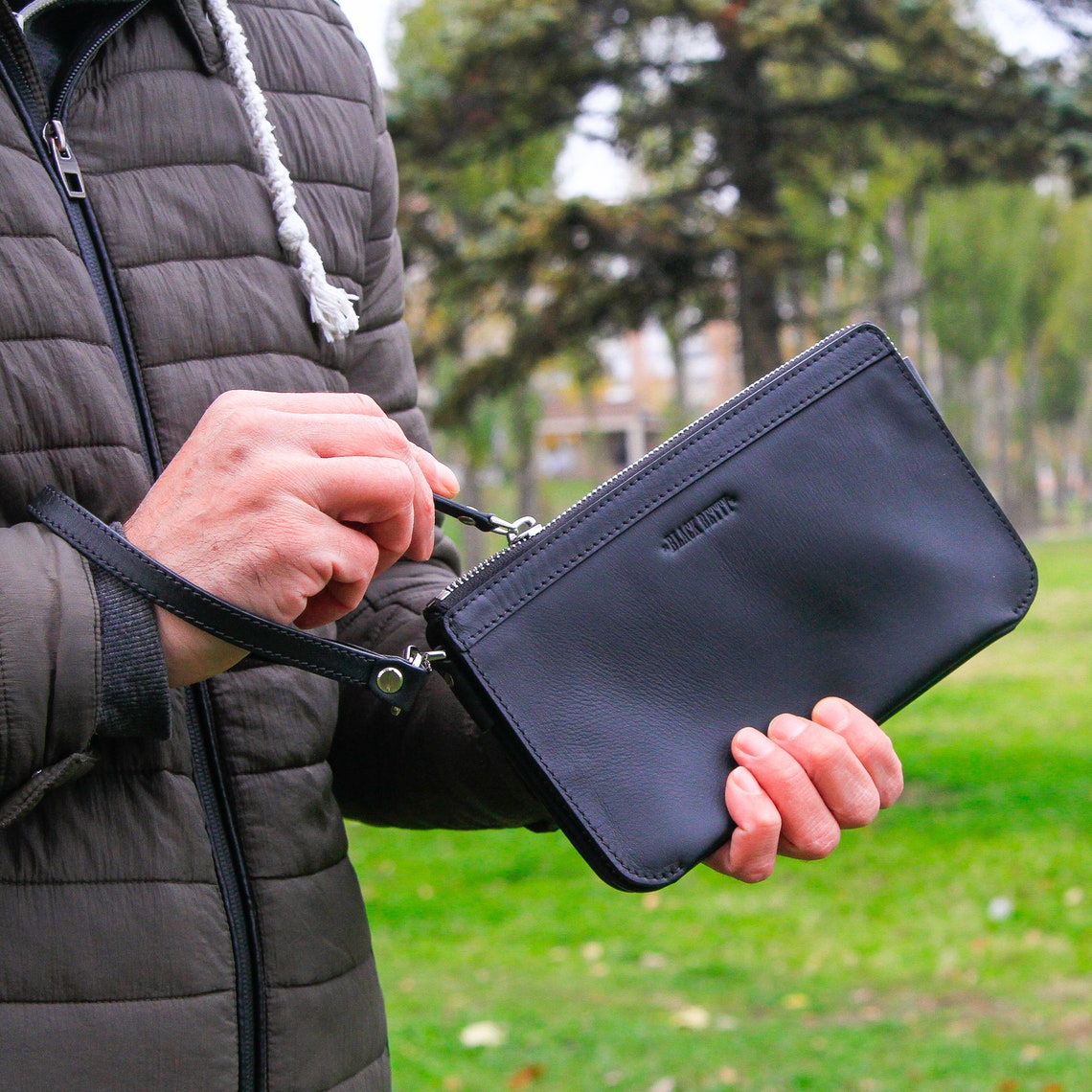 Leather clutch with wrist strap Etsy