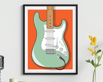 Stratocaster guitar print, surf green, guitar wall art