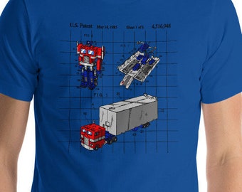 Optimus Prime Patent Toy Unisex T-Shirt-Shirt-Shirt-Robots-Autobots-Decepticons -1980er-Farben-US-Patentamt Transformatoren