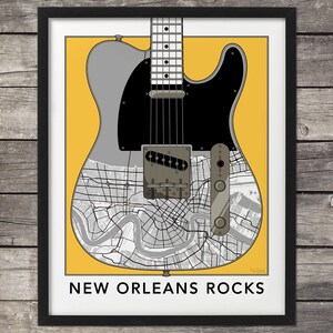 New Orleans Map,Telecaster Guitar,New Orleans Print,New Orleans Art,New Orleans Rocks,Map of New Orleans,Custom Map,French Quarter Map