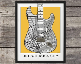 Detroit Map, Guitar Road Map, Detroit Print, Detroit Art, Detroit Rocks, Map of Detroit, Custom Map Art, Michigan Map, Minimal map, Michigan