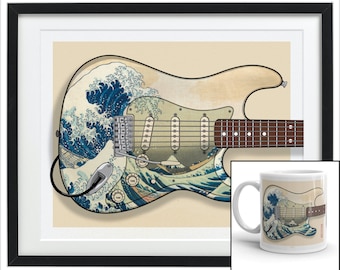 Stratocaster Japanese The Great Wave Guitar Mug and Print Combo, Pop Art, Musician, Rock n Roll, Guitar Player