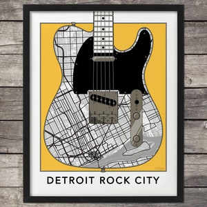 Detroit Map, Telecaster Guitar, Detroit Print, Detroit Art, Detroit Rocks, Map of Detroit, Custom Map Art, Minimal map, Michigan