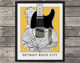 Detroit Map, Telecaster Guitar, Detroit Print, Detroit Art, Detroit Rocks, Map of Detroit, Custom Map Art, Minimal map, Michigan