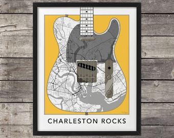 Charleston Map, Telecaster Guitar, Charleston Print, South Carolina, Charleston Rocks, Map of Charleston, Custom Map Art, Minimal map,