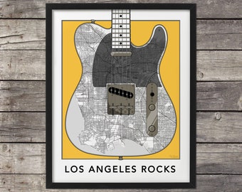 Los Angeles Map, Guitar Art,Los Angeles Print,Los Angeles Art,Los Angeles Rocks,Map of Los Angeles,Custom Map,California Map,Minimal map, LA