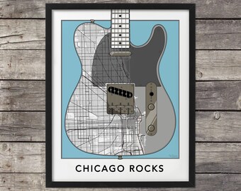 Chicago Map, Telecaster, Chicago Print, Chicago Art, Chicago Rocks, Map of Chicago, Custom Map Art, Chicago Map, Minimal map, Illinois