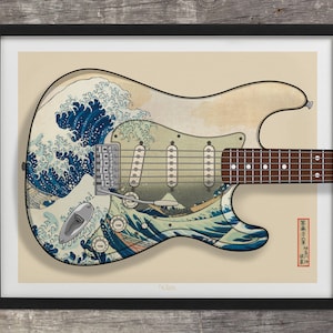 Stratocaster Guitar Print, Japanese The Great Wave, Pop Art, Musician, Rock n Roll, Guitar Player, Art Print Based on Fender, Illustration