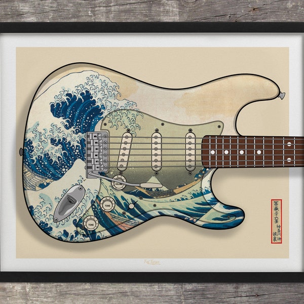 Stratocaster Guitar Print, Japanese The Great Wave, Pop Art, Musician, Rock n Roll, Guitar Player, Art Print Based on Fender, Illustration
