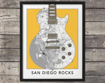 San Diego Map, Guitar Art, San Diego Print,San Diego Art,San Diego Rocks,Map of San Diego,Custom Map, California Map,Minimal Map,Cali,Gibson
