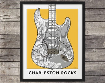 Charleston Map, Stratocaster Guitar, Charleston Print, South Carolina, Charleston Rocks, Map of Charleston, Custom Map Art, Minimal map,