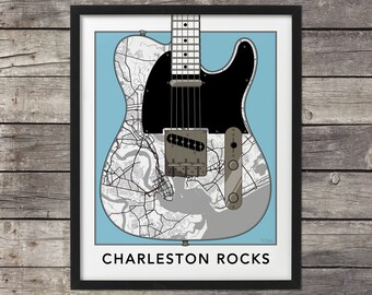 Charleston Map, Telecaster Guitar, Charleston Print, South Carolina, Charleston Rocks, Map of Charleston, Custom Map Art, Minimal map,