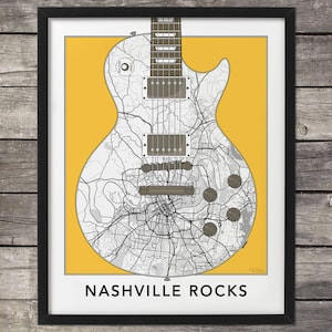 Nashville Map, Guitar Art, Nashville Print, Nashville Art, Nashville Rocks, Map of Nashville, Custom Map, Tennessee Map, Minimal Map, TN