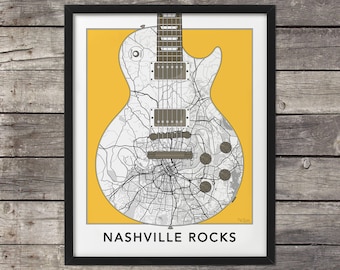 Nashville Map, Guitar Art, Nashville Print, Nashville Art, Nashville Rocks, Map of Nashville, Custom Map, Tennessee Map, Minimal Map, TN