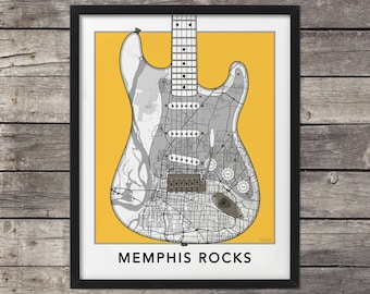 Memphis Map, Stratocaster Guitar Art, Memphis Print, Memphis Art, Memphis Rocks, Map of Memphis, Custom Map, Tennessee Map,Minimal map, TN