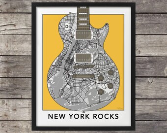 New York Map,Guitar Art,New York Print,New York Art,New York Rocks,Map of New York,Custom Map,Time Square Map, Minimal Map,Custom Guitar Art