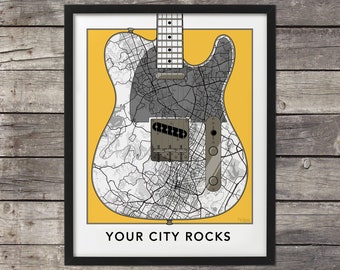 Custom City Map, Personalized Custom Map Art, Fender Telecaster, City Map Print, City Map Art, Map,Maps Of Cities,Minimal map,Neighborhood