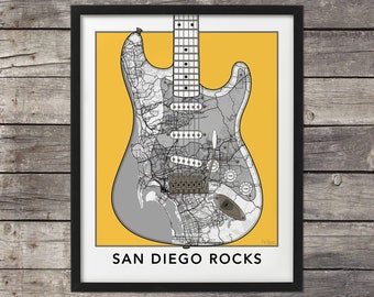 San Diego Map,Stratocaster Guitar Art,San Diego Print,San Diego Art,San Diego Rocks, Map of San Diego, Custom Map,California Map,Minimal Map