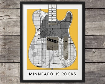 Minneapolis Map, Telecaster Guitar,Minneapolis Print,Minneapolis Art, Minneapolis Rocks, Custom Map Art, Minnesota, Minimal map, MN,