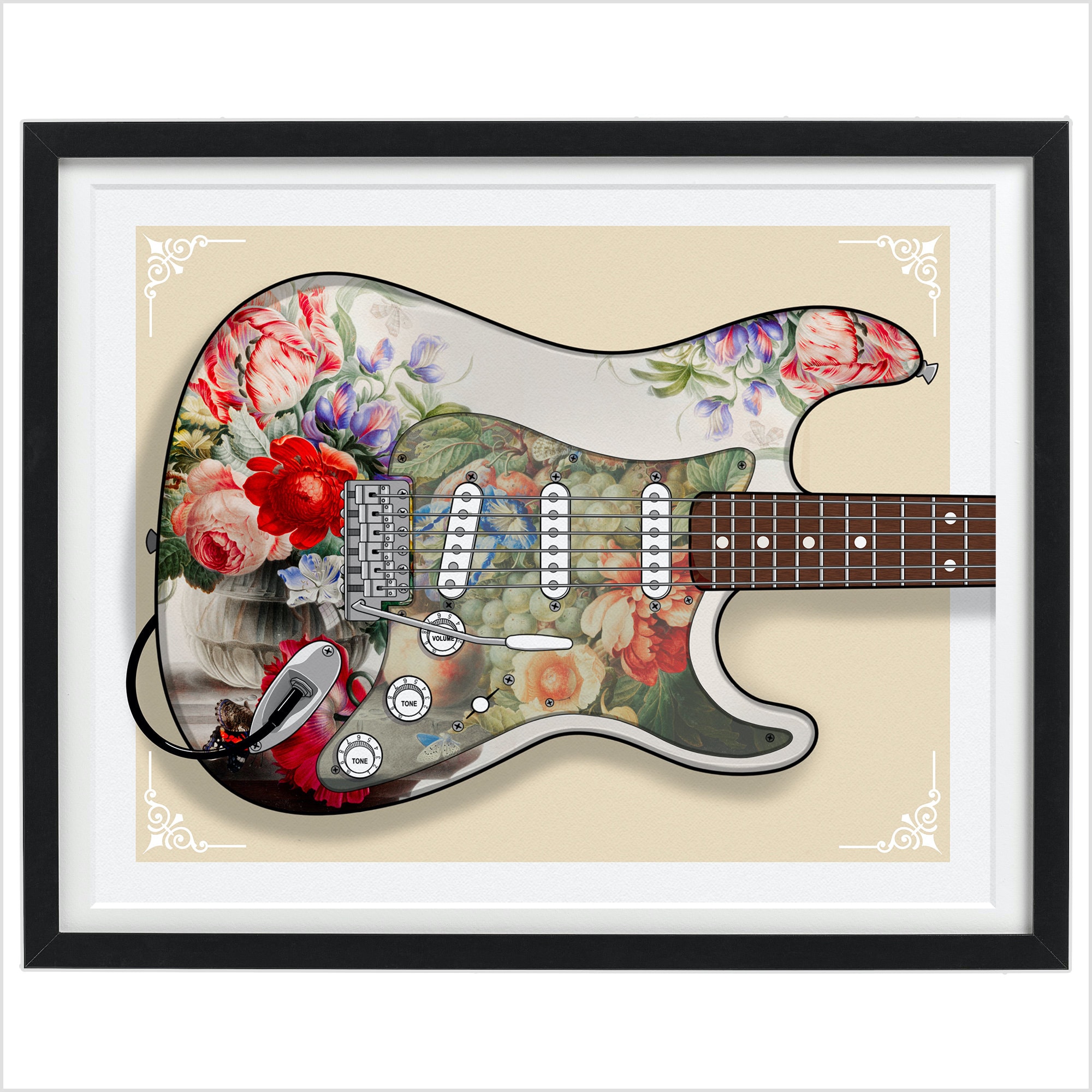 Stratocaster Antique Flowers Guitar, Custom Guitar, Musician, Rock