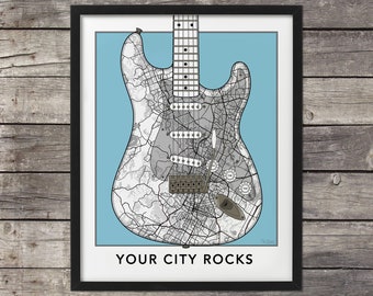 Custom City Map, Personalized Custom Map Art, Fender Stratocaster, City Map Print, City Map Art, Map,Maps Of Cities,Minimal map,Neighborhood
