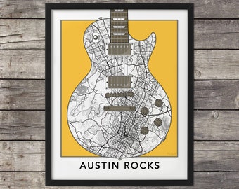 Austin Texas Map, Guitar Road Map, Austin Print, Austin Poster, Austin Art, Austin Texas, Map of Austin, Austin City Map Art, Austin Map,