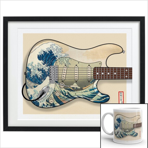 Stratocaster Japanese the Great Wave Guitar Mug and Print Combo