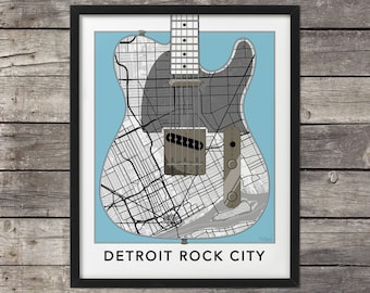 Detroit Map, Telecaster Guitar, Detroit Print, Detroit Art, Detroit Rocks, Map of Detroit, Custom Map Art, Minimal map, Michigan