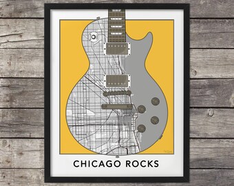 Chicago Map, Guitar Road Map, Chicago Print, Chicago Art, Chicago Rocks, Map of Chicago, Custom Map Art, Chicago Map, Minimal map, Illinois