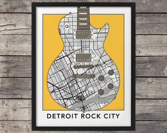 Detroit Map, Guitar Road Map, Detroit Print, Detroit Art, Detroit Rocks, Map of Detroit, Custom Map Art, Michigan Map, Minimal map, Michigan