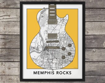 Memphis Map, Guitar Art, Memphis Print, Memphis Art, Memphis Rocks, Map of Memphis, Custom Map, Tennessee Map,Minimal map, TN