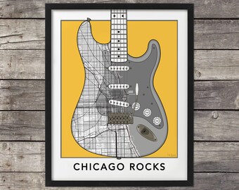 Chicago Map, Stratocaster, Chicago Print, Chicago Art, Chicago Rocks, Map of Chicago, Custom Map Art, Chicago Map, Minimal map, Illinois