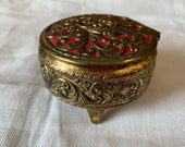 Vintage Gold Brass and Red Trinket Box - Velvet Lined - 3 Footed - Hinged Lid