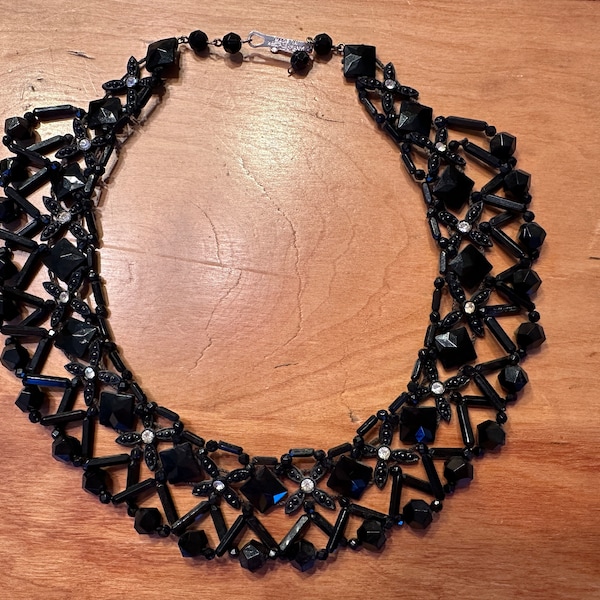 Vintage West German Choker/Collar Necklace Jet Black Beads and Rhinestones
