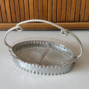 Vintage Oval Pressed Glass Candy/Relish Dish with Aluminum Holder with Handle