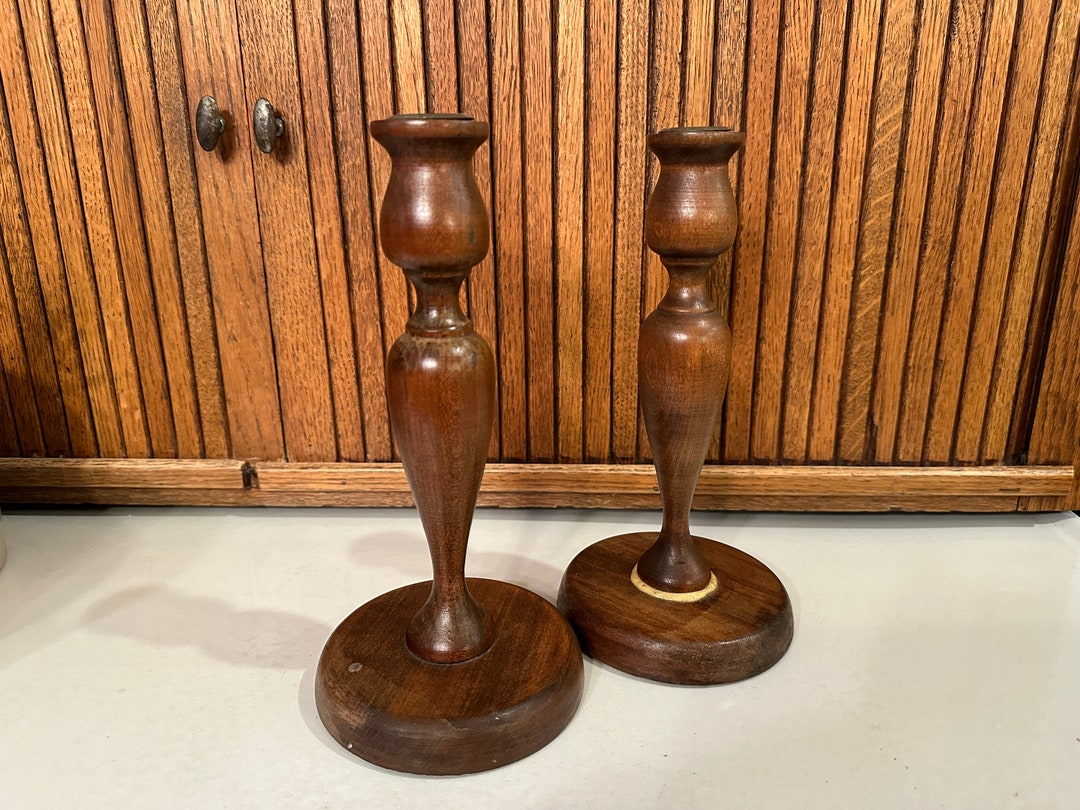 Vintage Wooden Candle Holders - Pair of Solid Wood Turned Candlesticks ...