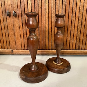 Vintage Wooden Candle Holders - Pair of Solid Wood Turned Candlesticks - Photo Holders