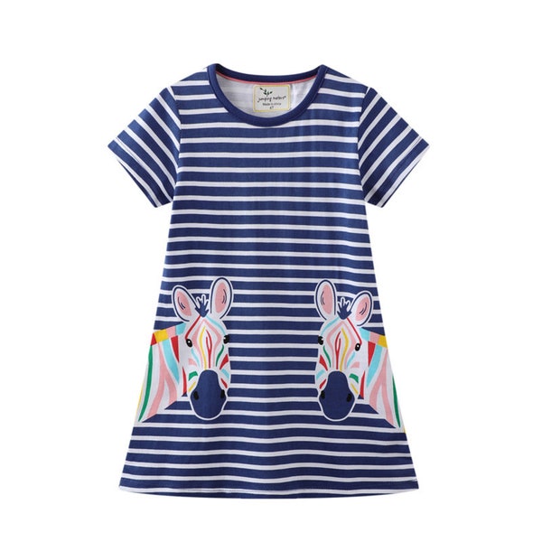 Girl's Rainbow Zebra Printed Graphic Striped Short Sleeve Dress