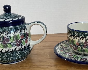Matching TEAPOT, CUP & SAUCER Handmade in Poland A.K.-95  Cute!