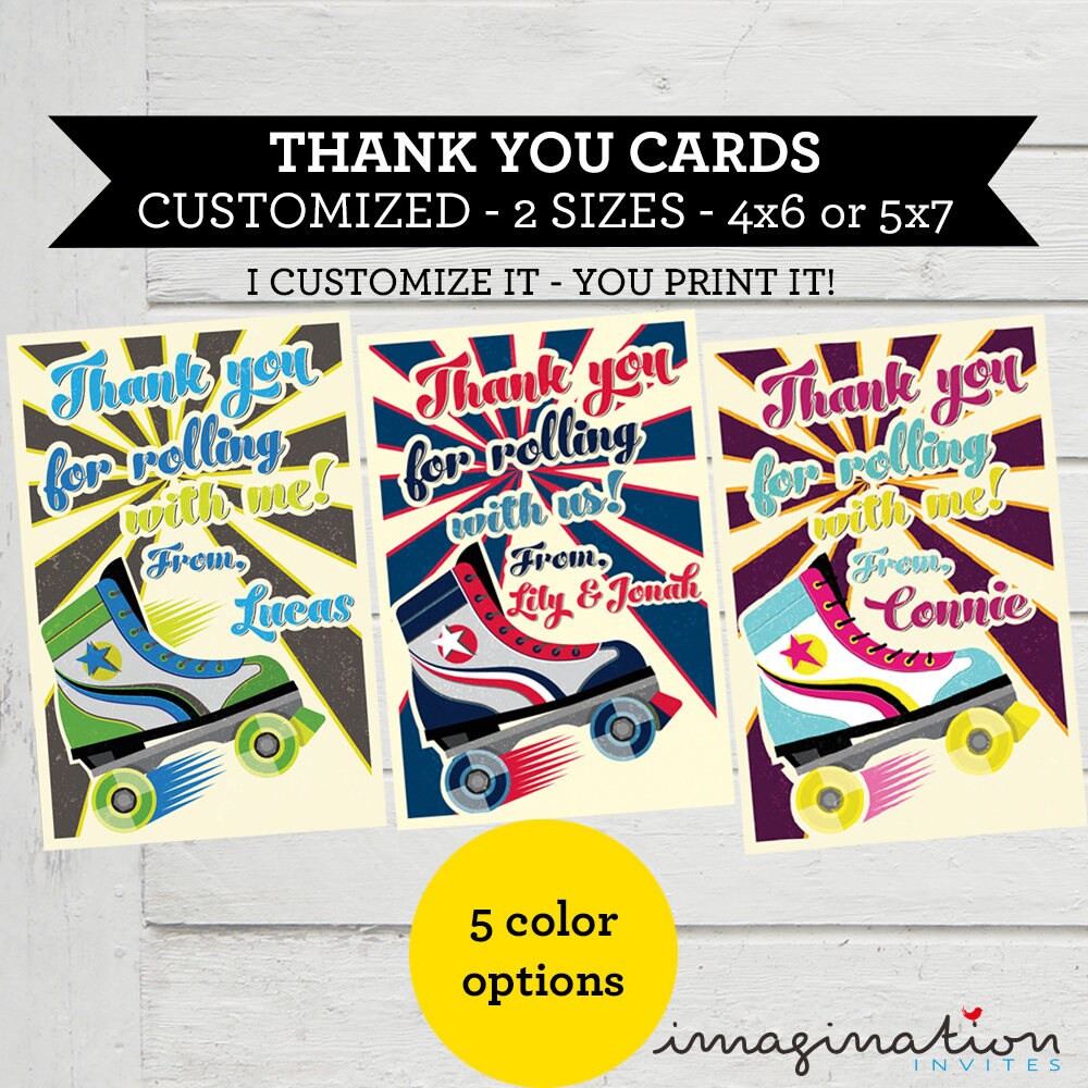Roller Skate Thank you Card Roller Skating Party Favor Cards | Etsy
