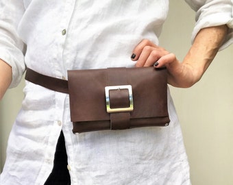 Gift for mom | Italian Leather bum bag with rivets, Brown leather belt pouch, Gift for her, Gift for mom