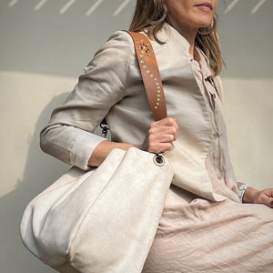 Gift for mom | Distressed white leather shoulder bag with metal studs strap | Metal rivets and leather purse