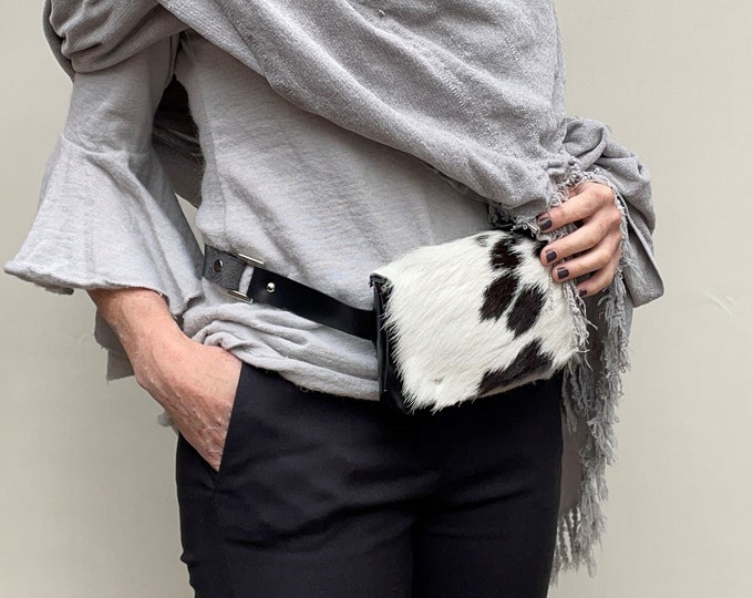 Black and White Cowhide Belt Bag for Women Leather Fur Fanny Pack, Gift