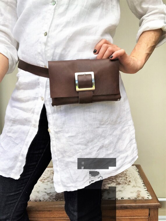 Gift for Mom Italian Leather Bum Bag With Rivets Brown Leather