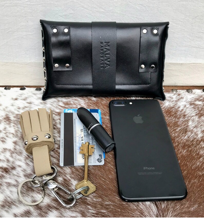 Rivets fanny pack for smartphone plus size Genuine black leather belt bag for woman