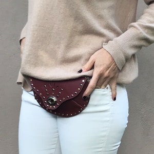 Gift for mom | Maroon Leather fanny pack embroidery with metal rivets, Utility belt bag made of burgundy leather with metal rivets